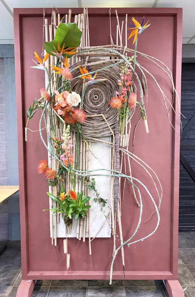 Wall hanging design by Gregor Lersch at the 2026 International Floristry Teachers Seminar in The Netherlands.