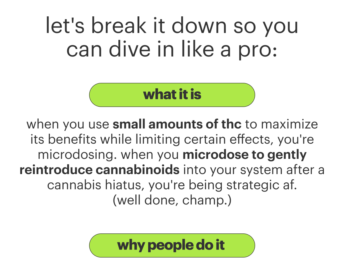 let's break it down so you can dive in like a pro: it's when you use small amounts of thc to maximize its benefits while limiting certain effects