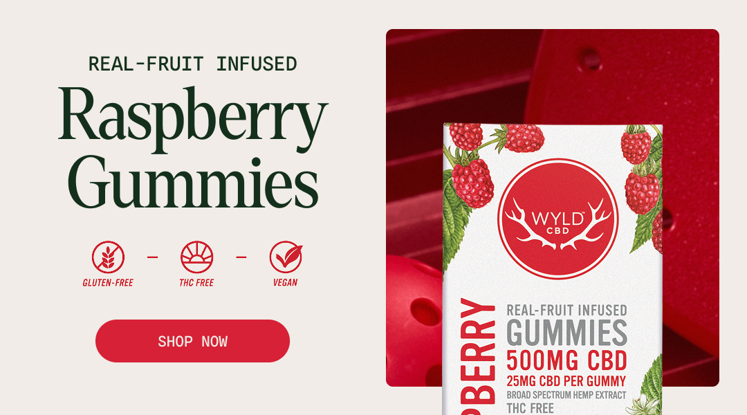Raspberry Gummies, with a box render and "real-fruit infused" language.