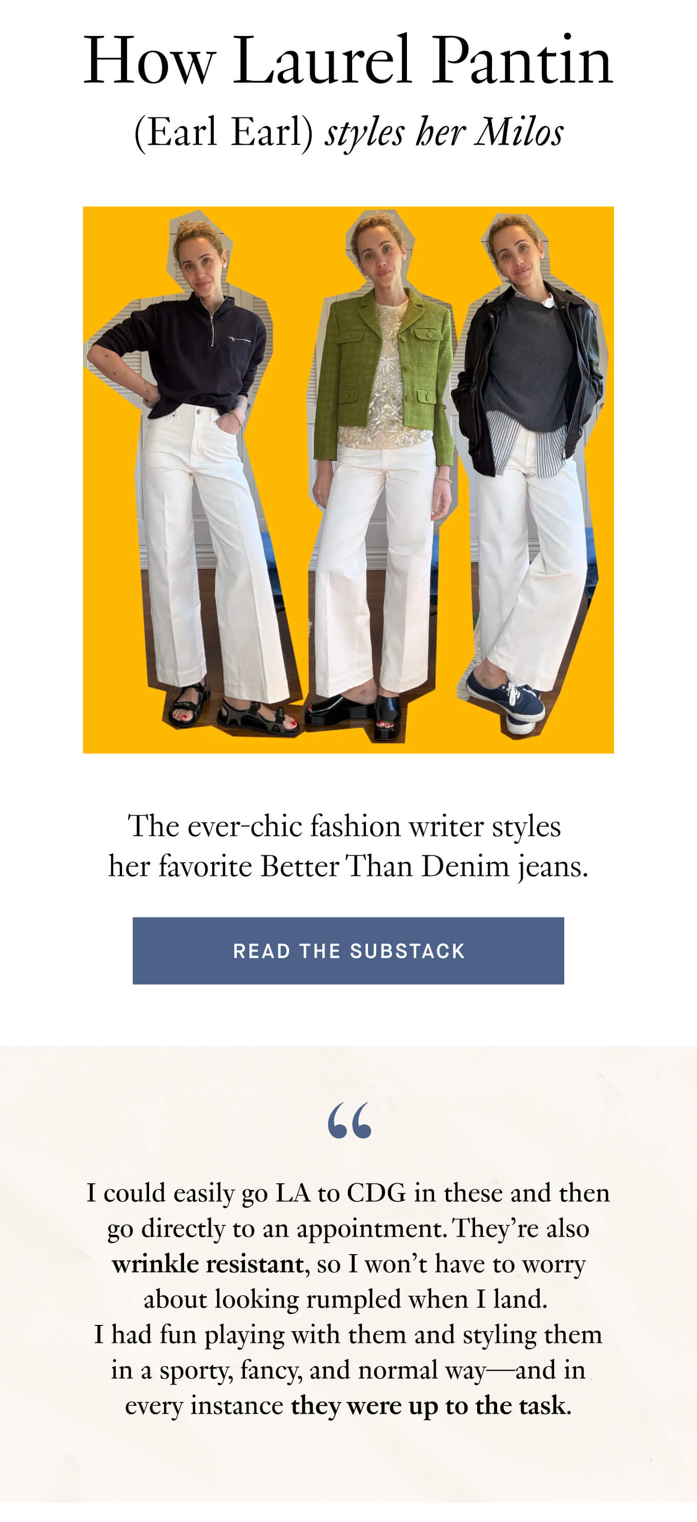 How Laurel Pantin (Earl Earl) styles her Milos | Read the Substack