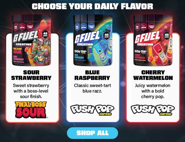 Choose Your Daily Flavor [3 Images of Creatiine Flavors in Sour Strawberry, Blue Raspberry, and Cherry Watermelon]