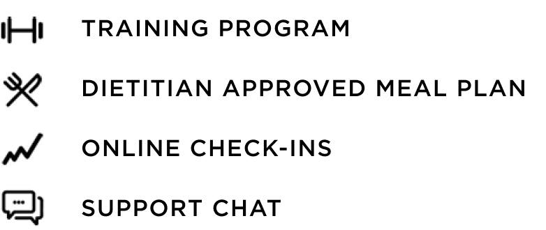  TRAINING PROGRAM - DIETITIAN APPROVED MEAL PLAN - EDUCATIONAL RESOURCES - ONLINE CHECK-INS - SUPPORT CHAT