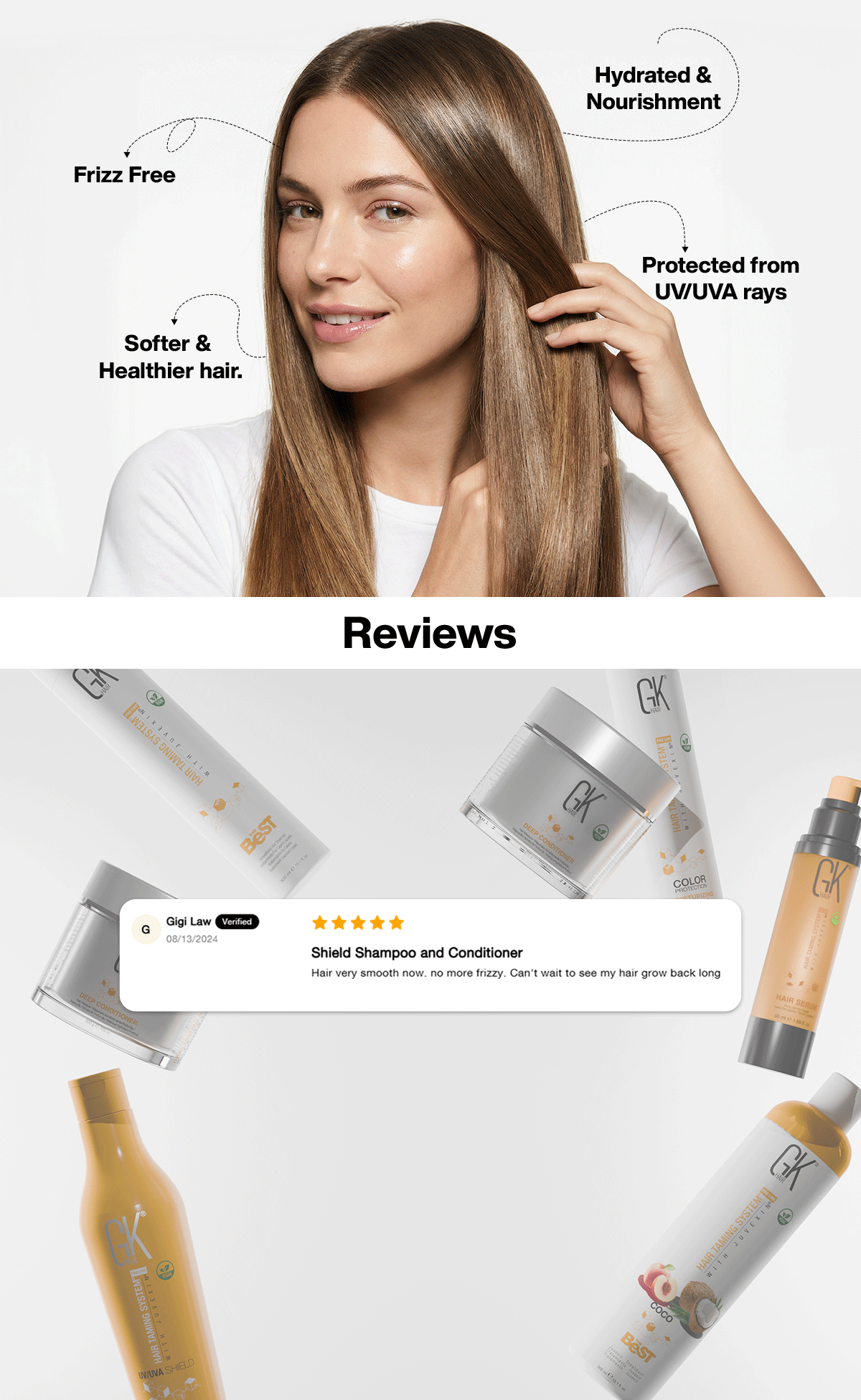 Woman with smooth, shiny hair showcasing frizz control, hydration, and UV protection from GK Hair.