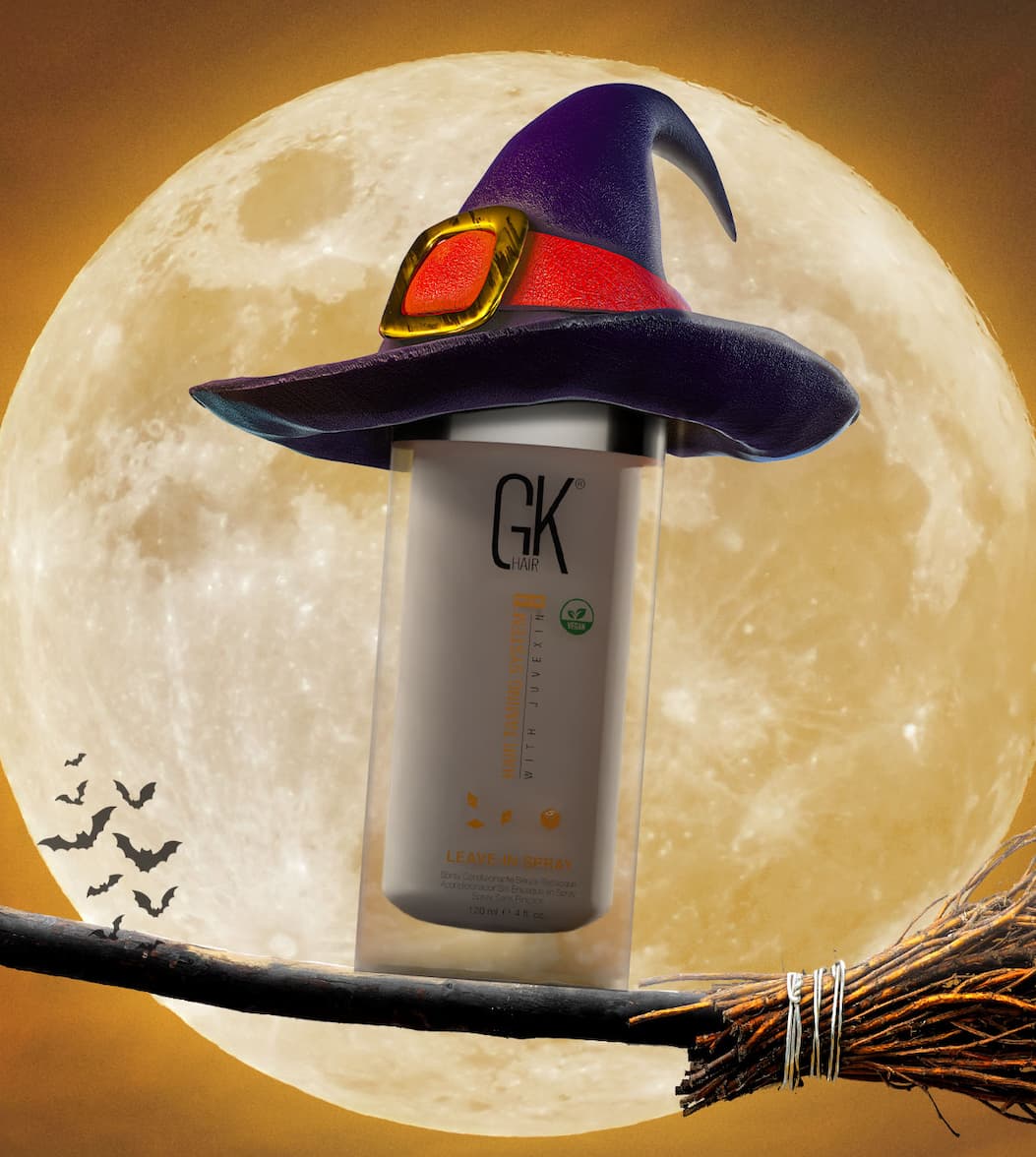 GK Hair bottle with witch hat and full moon.