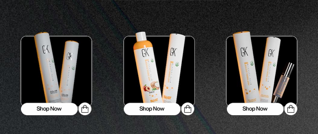 Three GK Hair product sets with 'Shop Now' buttons.