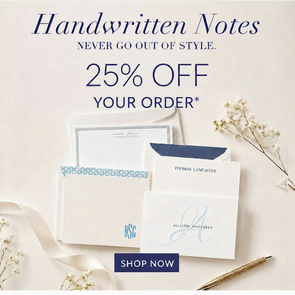 Advertisement for 25% off handwritten notes with a "Shop Now" button.