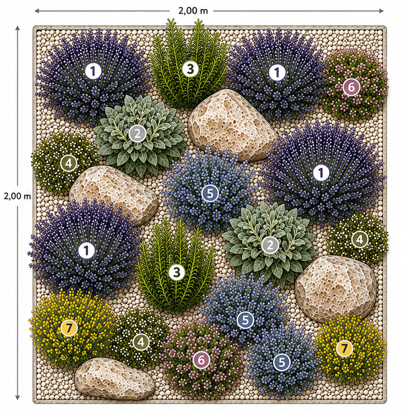 Pflanzplan für ein mediterranes Duft-Kräuterbeet auf 2 x 2 Metern mit nummerierten Positionen für Lavendel, Salbei, Rosmarin, Thymian, Katzenminze, Oregano und Heiligenkraut, dazwischen Kalkstein-Findlinge auf Kalksplitt