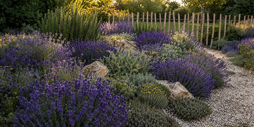 Blühendes mediterranes Duftbeet mit Lavendel, Salbei und Rosmarin
