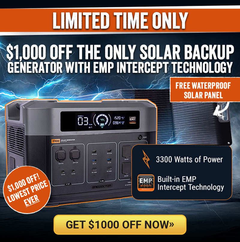 Promotional image of the Grid Doctor 3300 Solar Generator with a solar panel, emphasizing 3300 Watts of Power and Built-in EMP Intercept Technology. Financing details are shown.