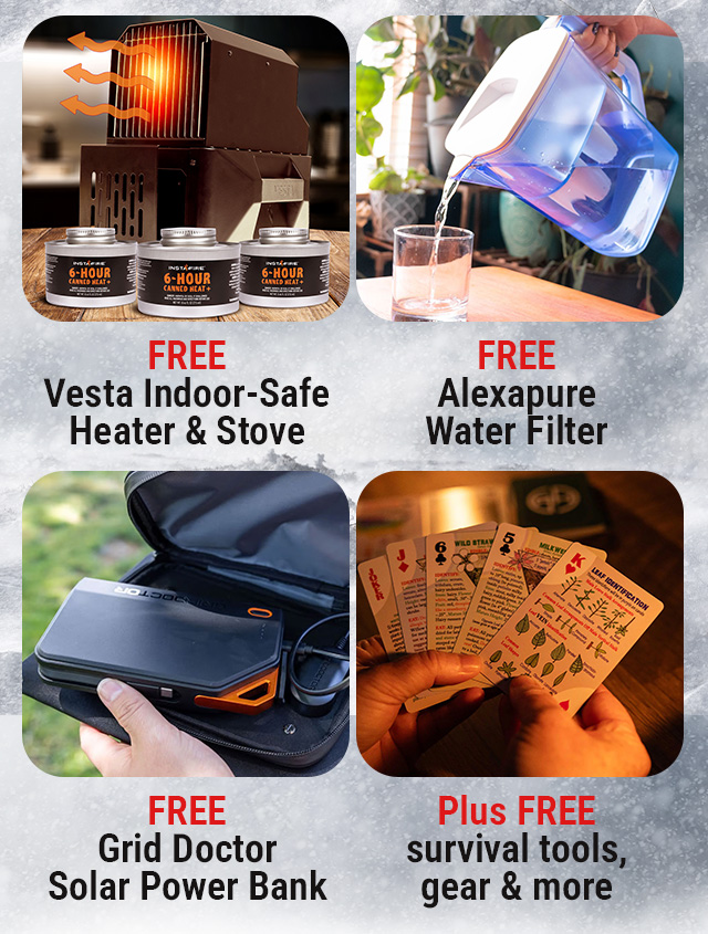 3-Month Emergency Food Kit (2,000+ calories/day | 25 year shelf life) FREE Vesta Indoor-Safe Heater & Stove FREE Alexapure Water Filter FREE Grid Doctor Solar Power Bank Plus FREE survival tools, gear & more