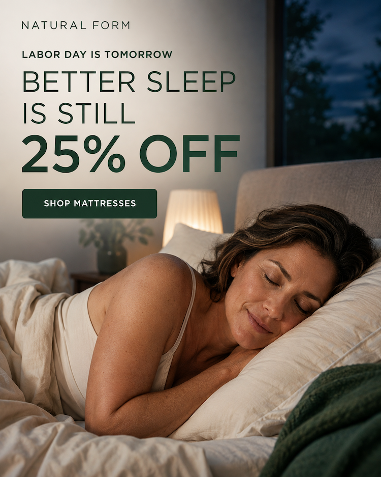 Family on a mattress with text about health and savings.