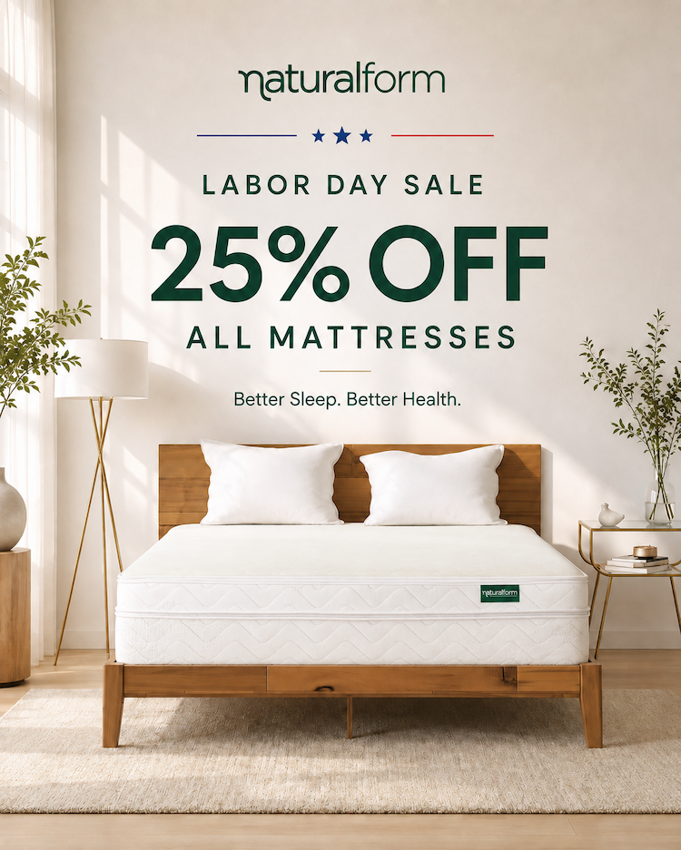 Family on a mattress with text about health and savings.