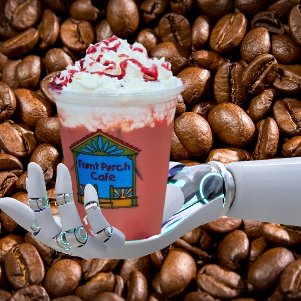 Coffee beans as a back ground, robot hand holding and ices coffee