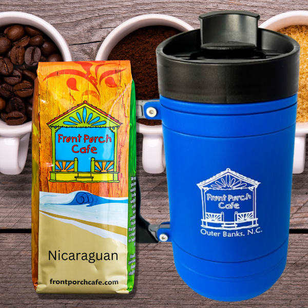 Front Porch Cafe OBX Bru Trek Standard Size French Press and a Front Porch Cafe Outer Banks bag of Nicaraguan coffee