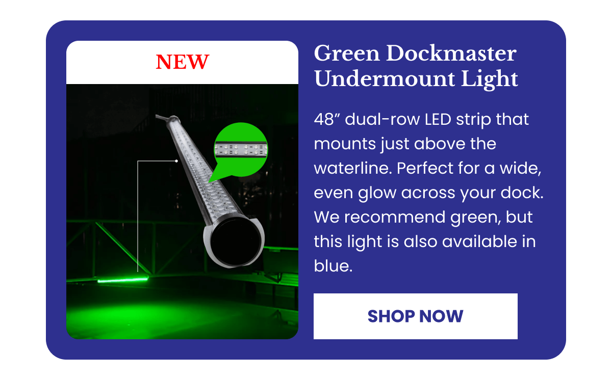 Green Dockmaster Undermount Light mounted just above the waterline
