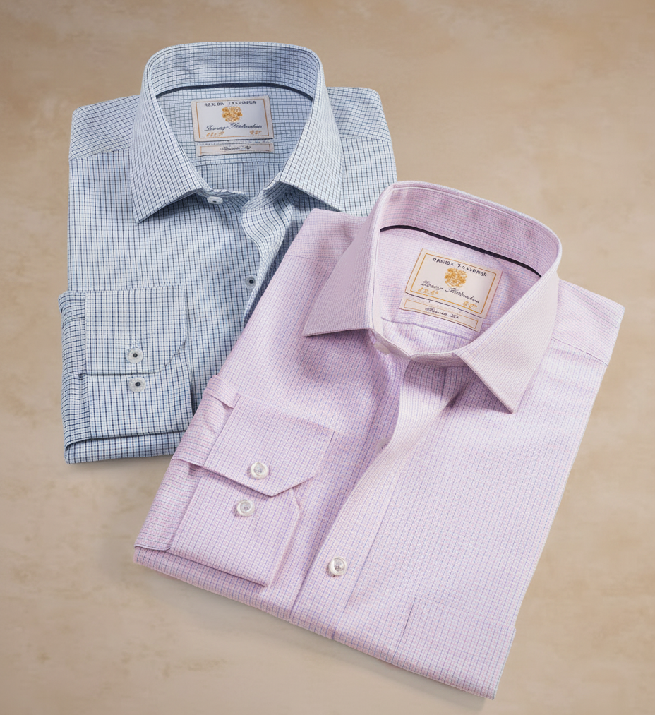 Two folded dress shirts, one light blue and one pink, with plaid patterns and visible labels.