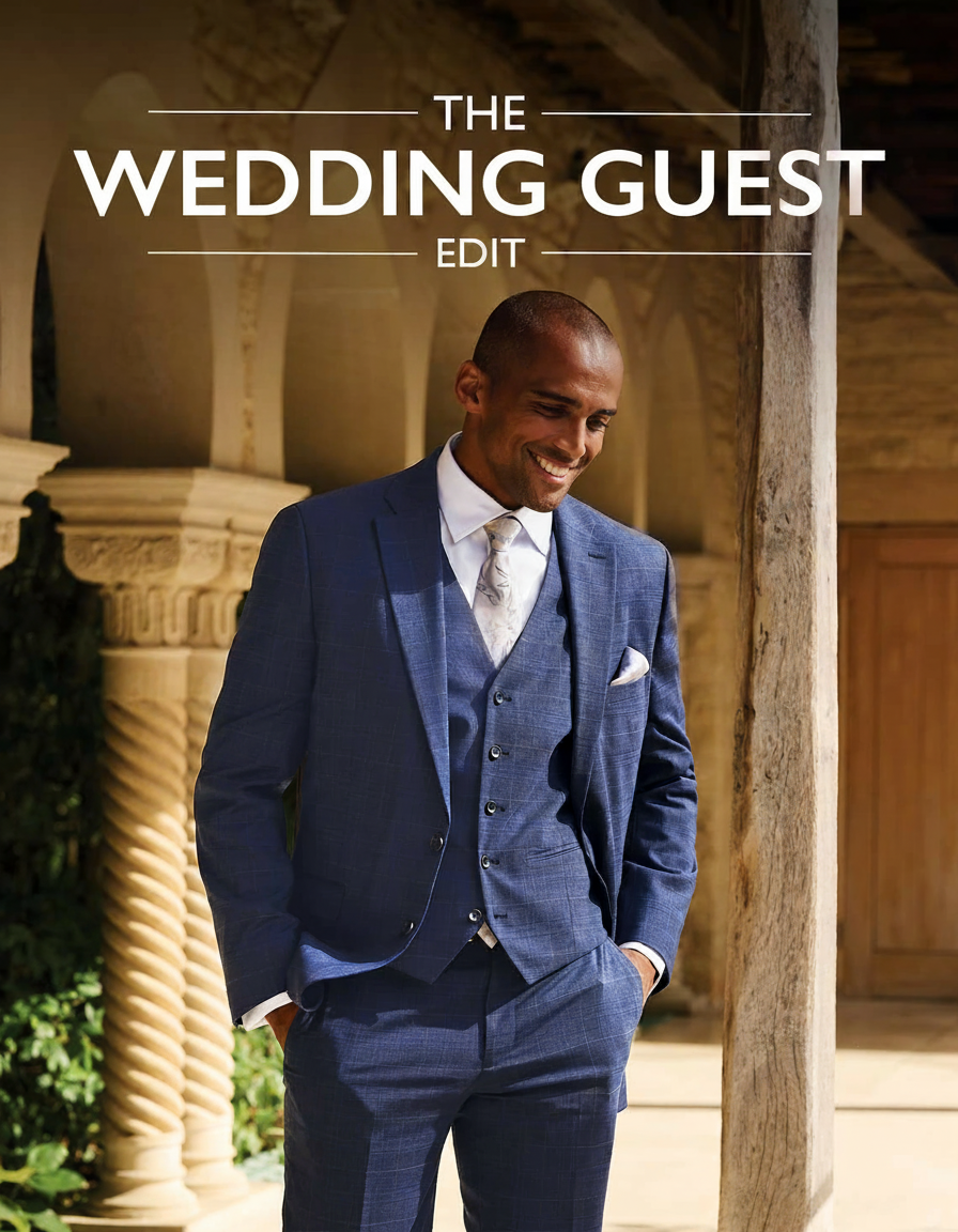 Man in a blue plaid suit and vest smiles, with "The Wedding Guest Edit" text.