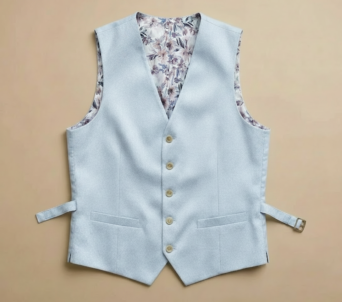 A light blue vest with a floral lining and button front.