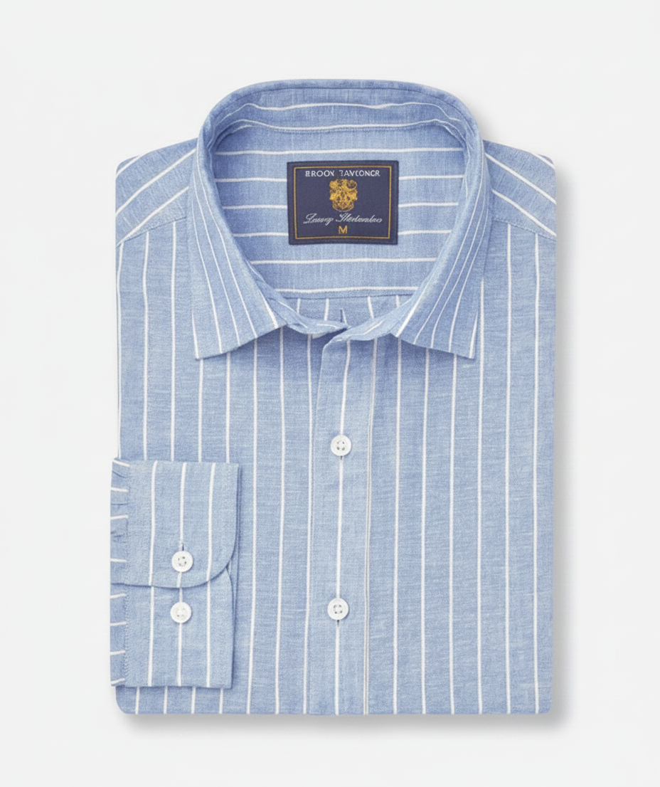 A folded blue and white striped men's dress shirt with a label.