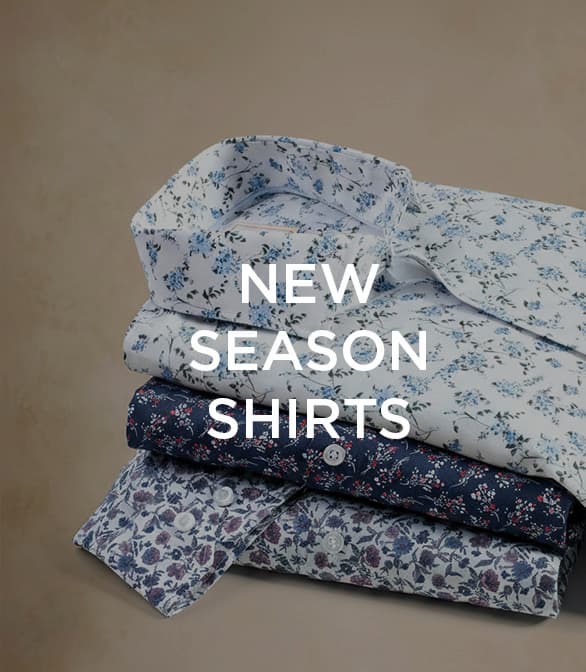 Stack of floral print shirts with "New Season Shirts" text overlay.