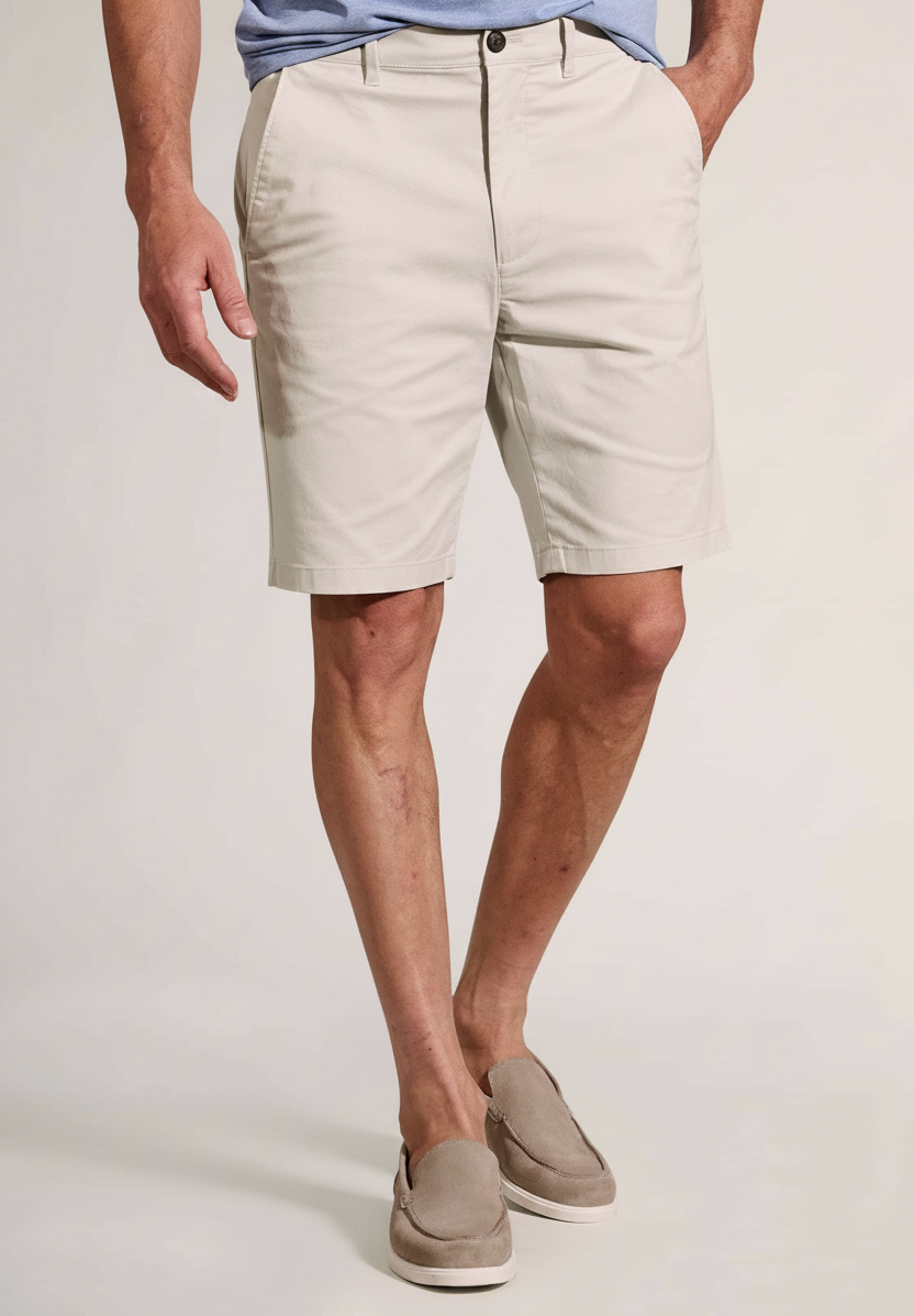 Man in light-colored shorts and loafers stands with one hand in his pocket.