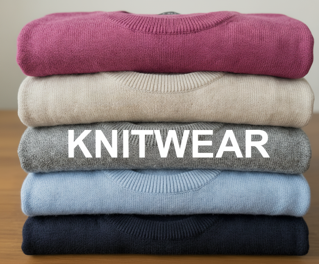 A stack of five folded sweaters with the word "KNITWEAR" in white text on the middle sweater.