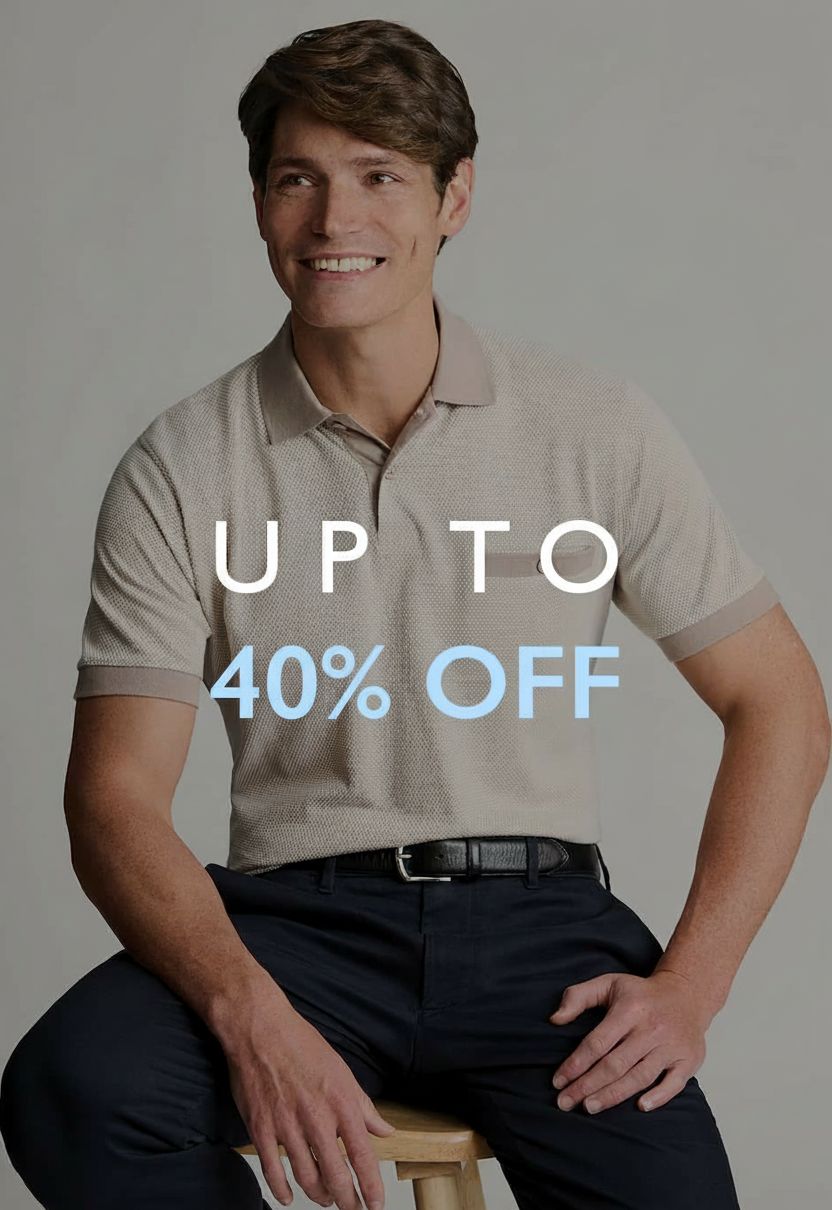 Man in polo shirt and pants with "UP TO 40% OFF" text.