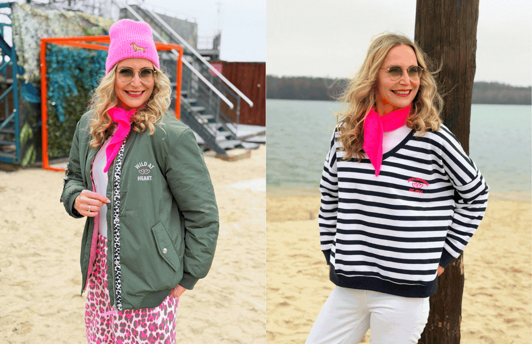 an image of a woman sitting on a pink chair wearing a pink leopard print shirt