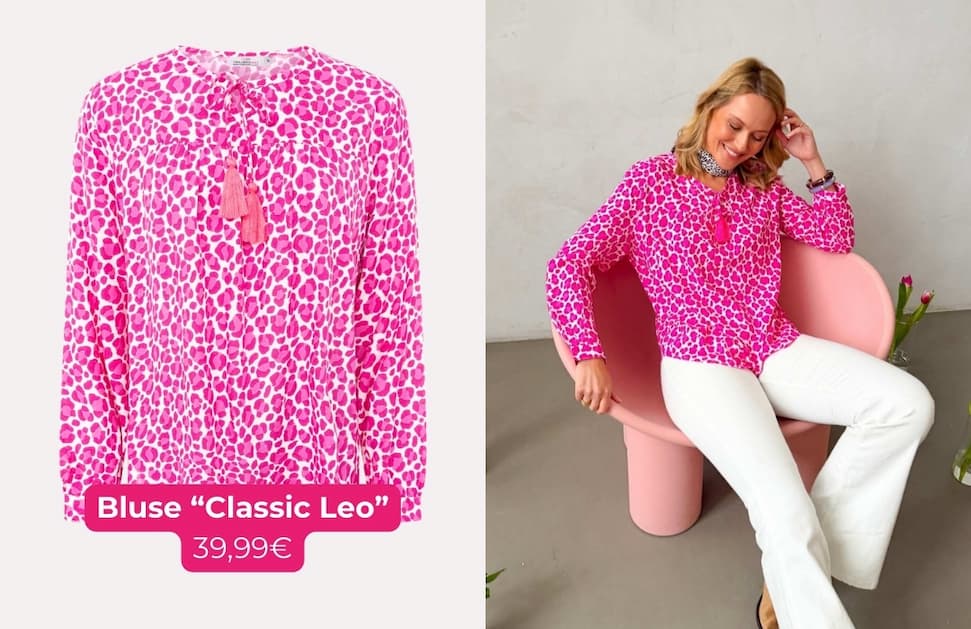 an image of a woman sitting on a pink chair wearing a pink leopard print shirt