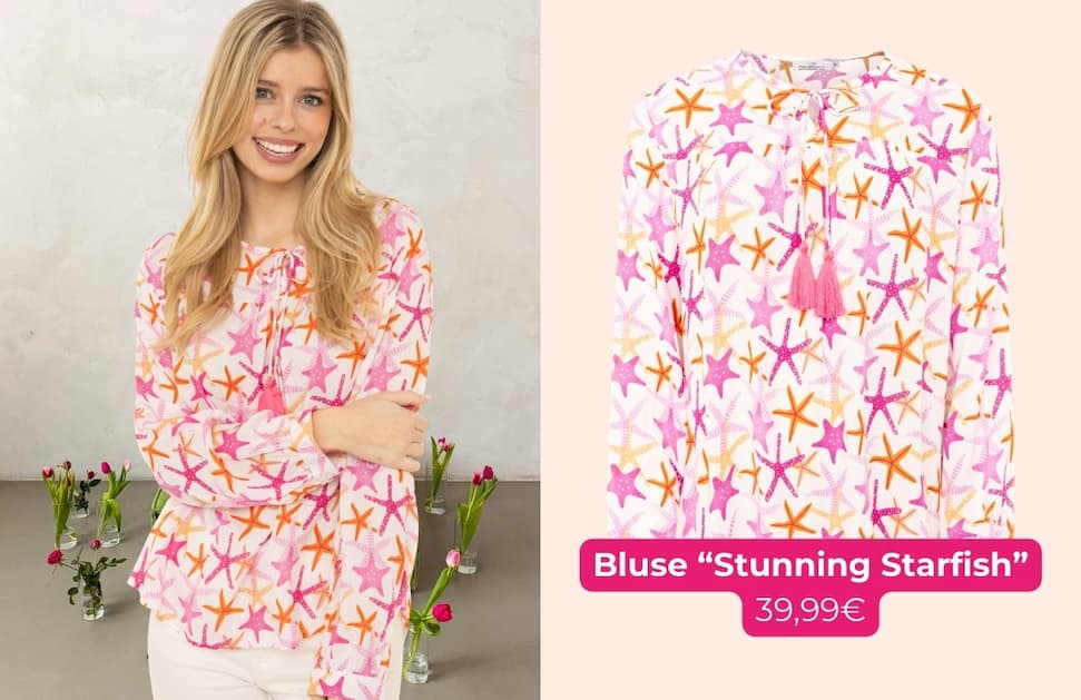 an image of a woman wearing a pink and orange starfish top