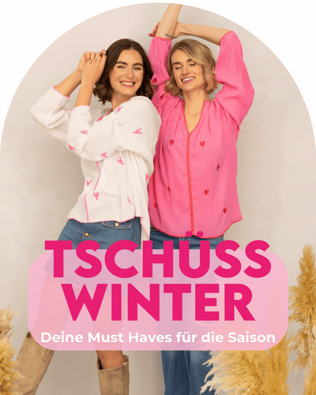 an image of two women in pink shirts and jeans posing for a picture