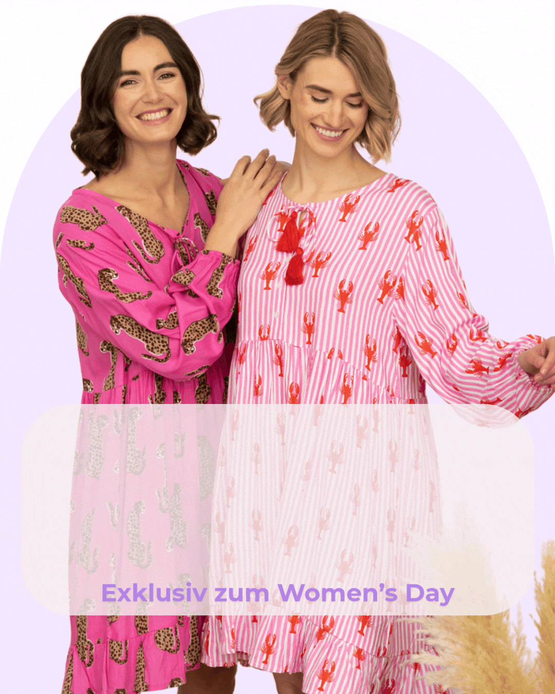 an image of two women in pink shirts and jeans posing for a picture