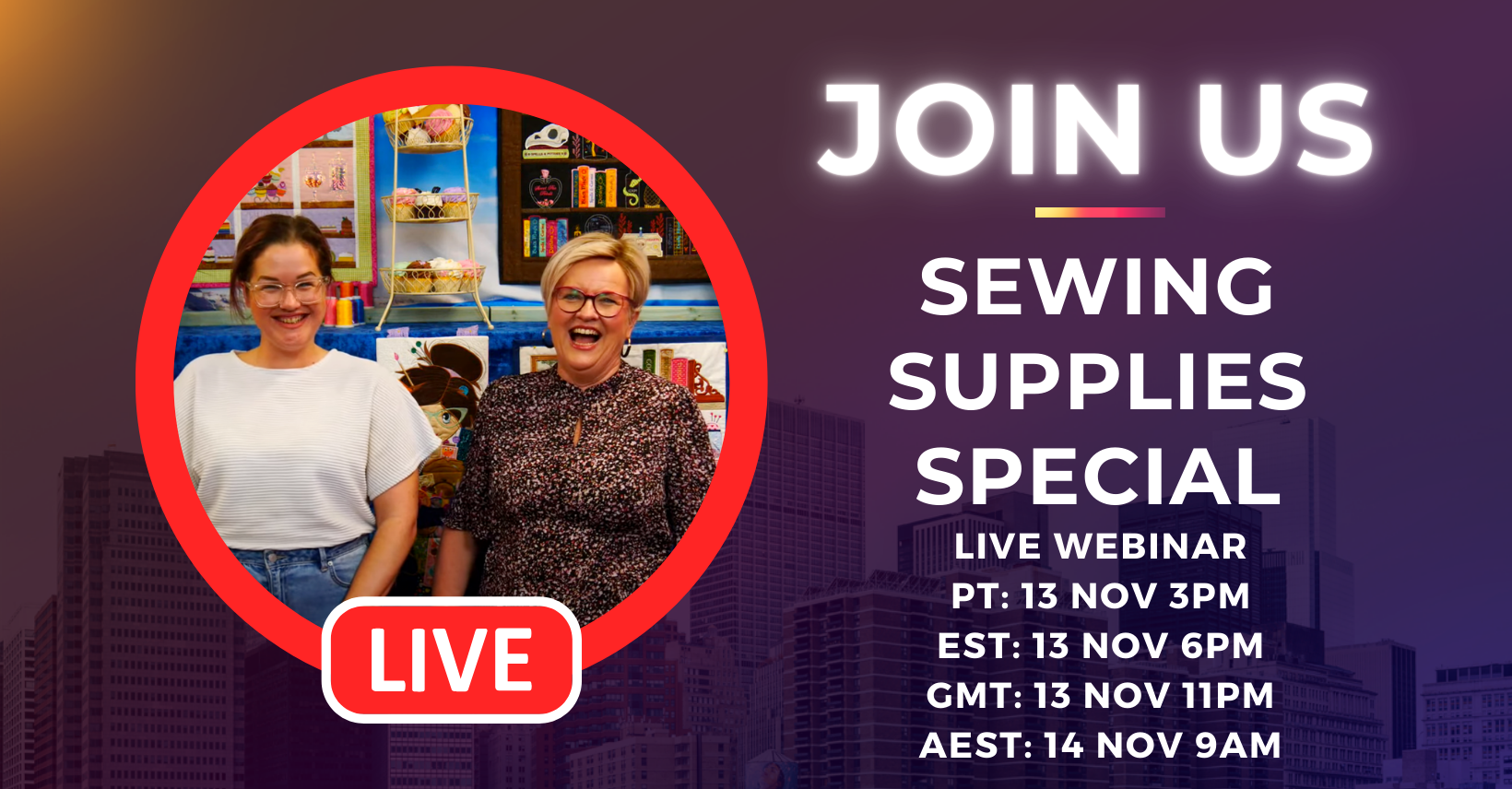 Sweet pea going live on tuesday to talk sewing supplies offer.