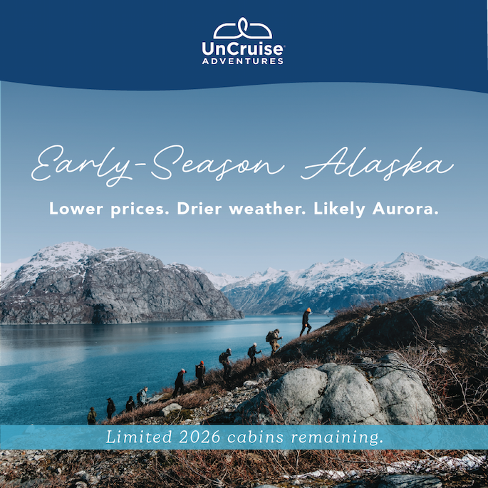 Early-Season Alaska. Lower prices. Drier weather. Likely Aurora. Limited 2026 cabins remaining.