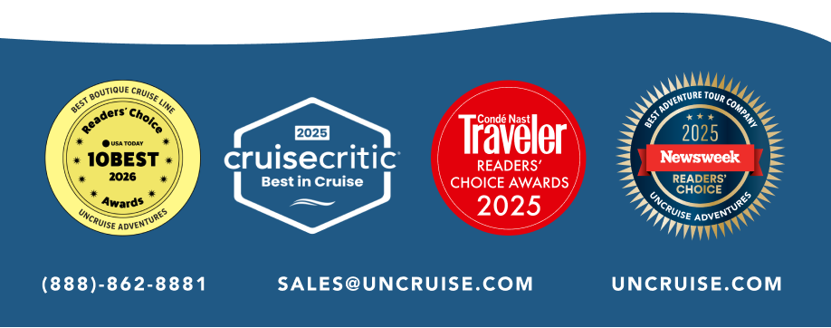 Award logos from USA Today, Cruise Critic, Conde Nast, and Newsweek