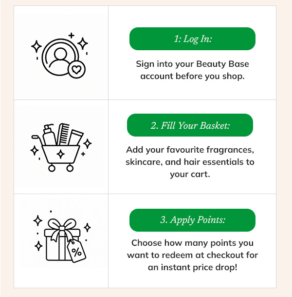 log in | sign into your beauty base account before you shop | full your basket | add your favourite fragrances, skincare and hair essentials to your cart | apply points: choose how many points you want to redeem at checkout for an instant price drop