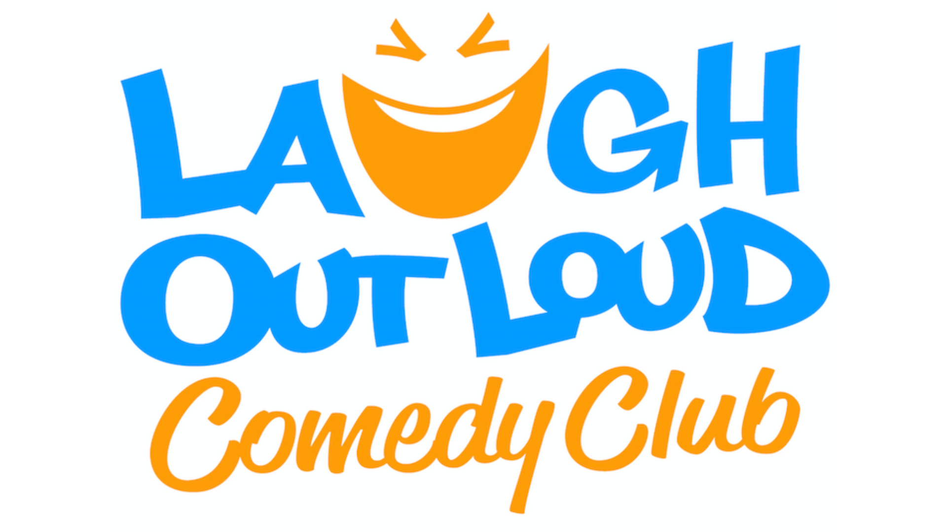 Laugh Out Loud Comedy Club logo in blue and orange, featuring a stylized smiling face integrated into the text on a light gray background.