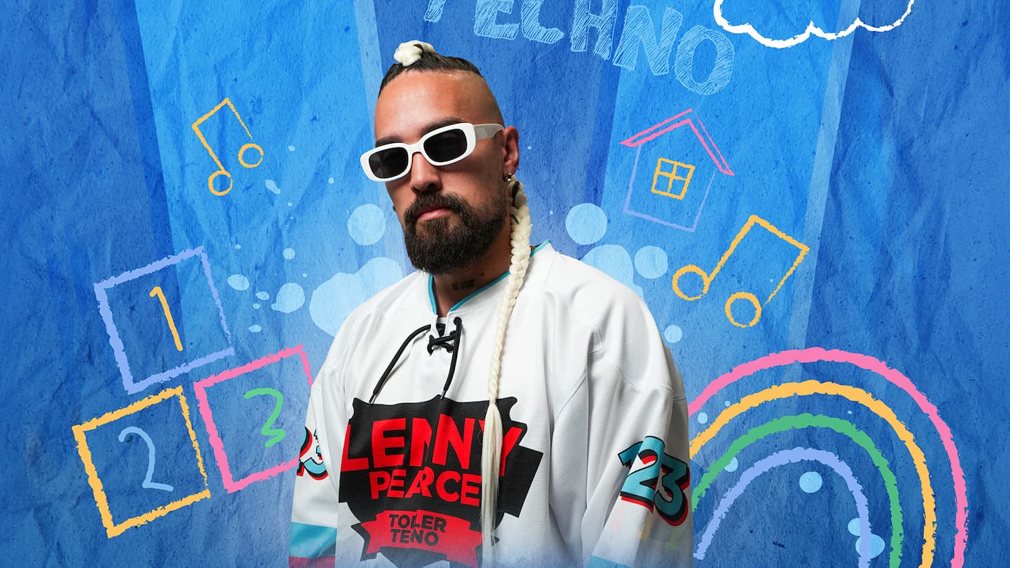 A vibrant promotional image with a textured blue background featuring playful, hand-drawn graphics including musical notes, a small house icon, a rainbow, and doodle-style shapes in bright colours like pink, yellow, and green. Faint chalk-like text in the background reads “TECHNO.” In the centre foreground is a person wearing white rectangular sunglasses and a white sports-style jersey. The jersey prominently displays bold text reading “LENNY PEARCE” with the number “23” on the sleeve. The person has a distinctive hairstyle featuring a long, light-coloured braid extending down the front, with the rest of the hair closely trimmed. The composition focuses on the upper torso and head, with the figure sharply contrasted against the colourful, graphic background. Overall, the image has a modern, energetic, and music-themed aesthetic, combining streetwear styling with playful, electronic music-inspired visuals.