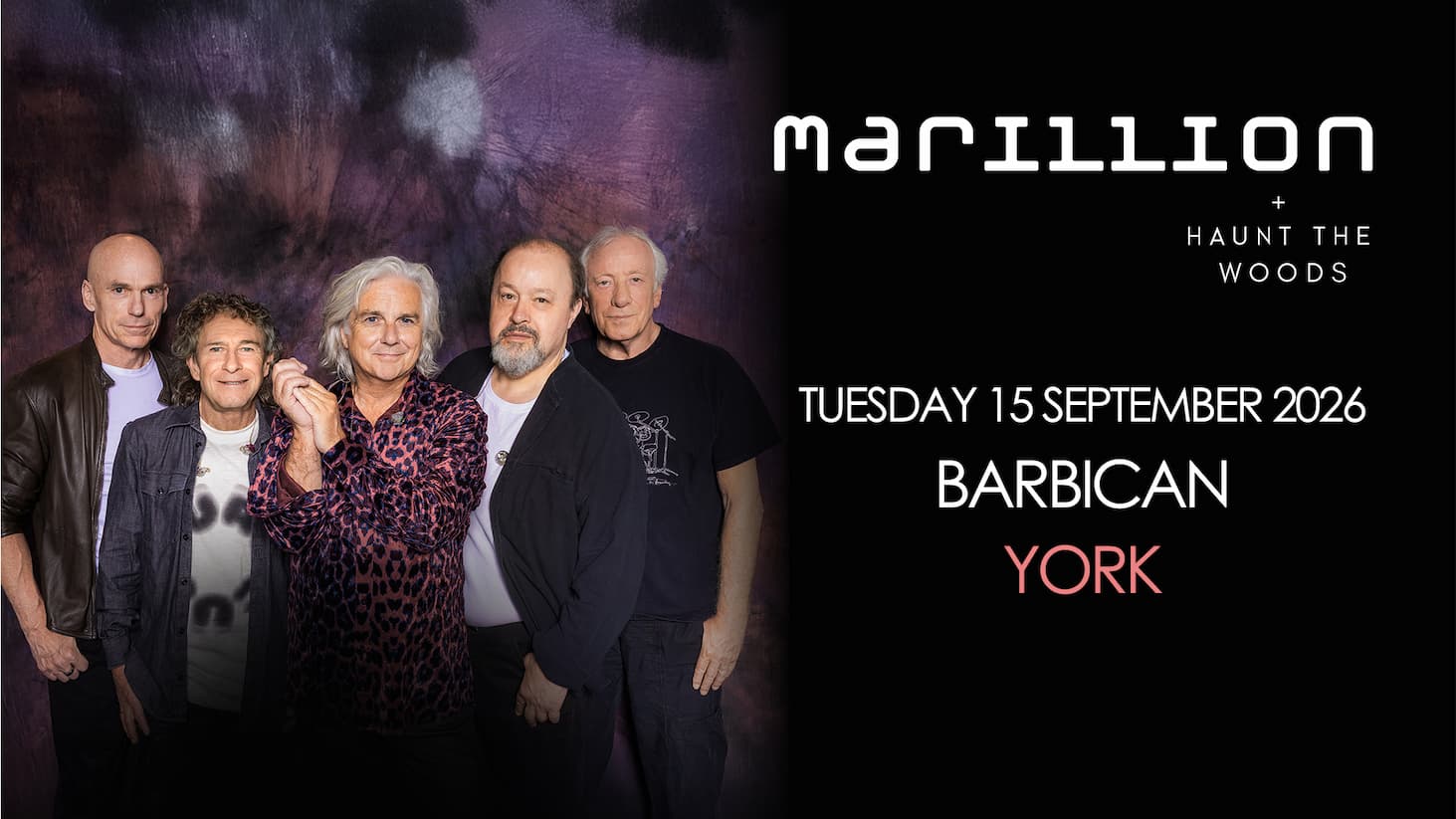 Promotional poster showing Marillion against a purple abstract background, with text advertising Marillion and Haunt the Woods at York Barbican, September 2026.