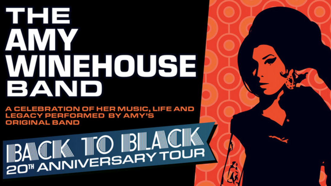 Promotional poster for The Amy Winehouse Band’s Back to Black 20th Anniversary Tour, featuring a stylised portrait illustration and bold event branding.