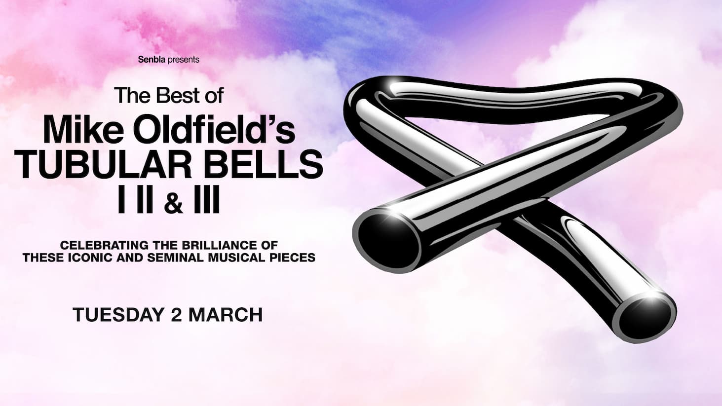 Promotional graphic for Mike Oldfield’s Tubular Bells I, II & III, featuring the iconic bent tube logo on a pastel sky.