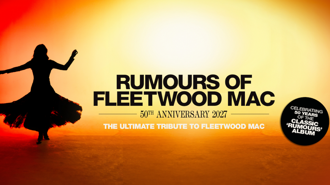 Promotional graphic for Rumours of Fleetwood Mac 50th Anniversary 2027 tour, featuring a silhouetted dancer against a warm orange-yellow background.