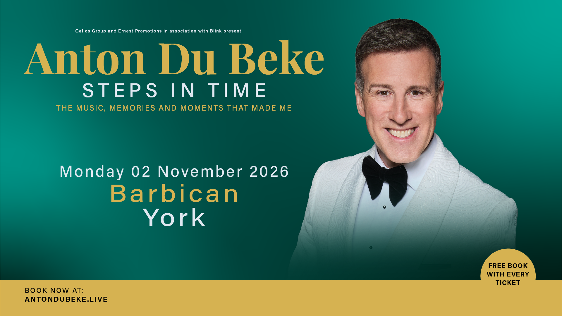 Promotional poster for Anton Du Beke: Steps in Time, featuring a formal portrait, event date and York Barbican, and booking information.