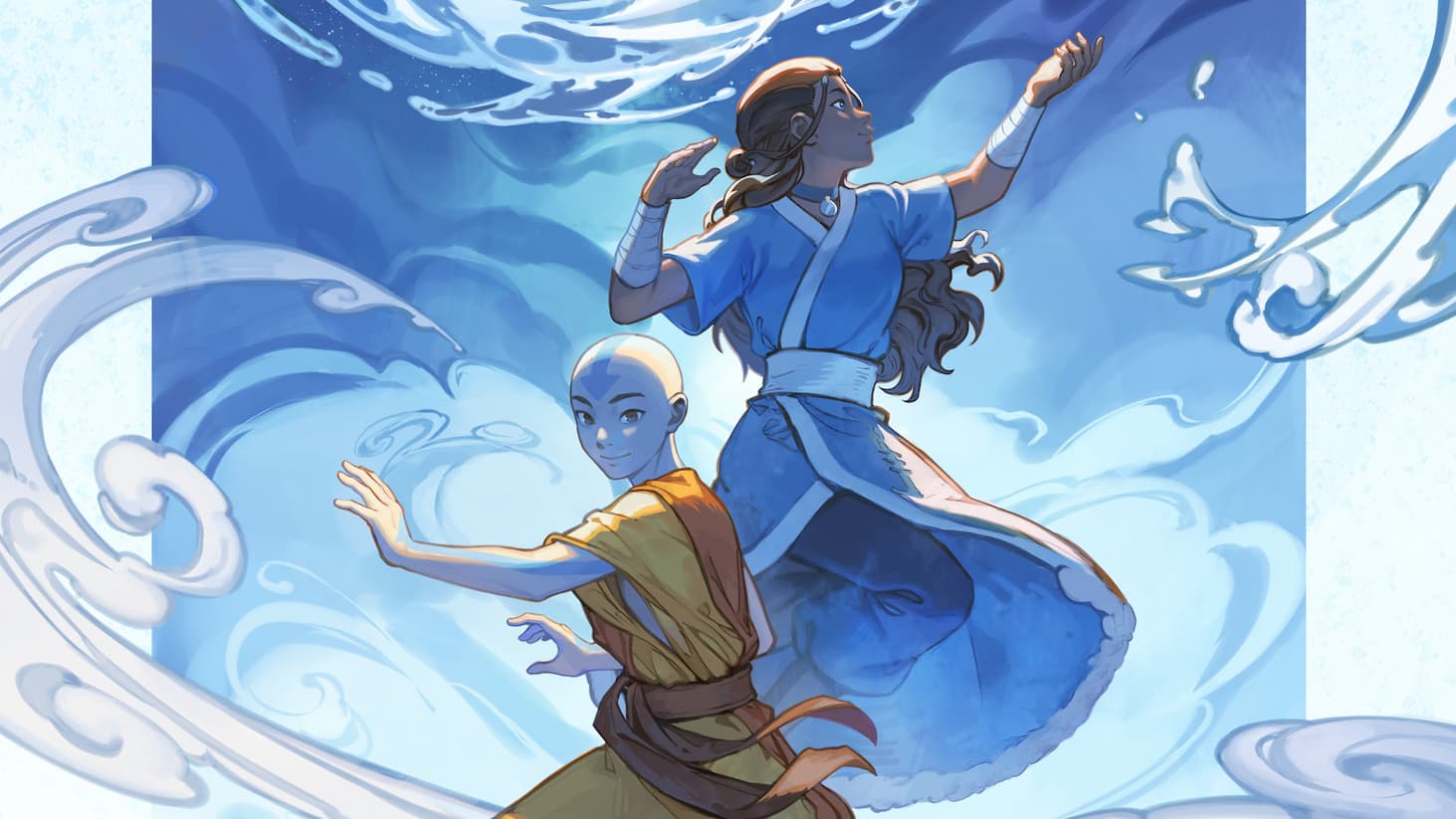 Animated artwork of two airbenders surrounded by swirling clouds and water-like currents in shades of blue.
