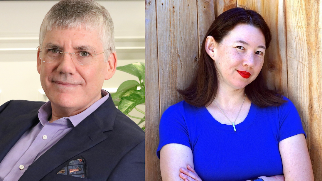 Promotional image featuring Rick Riordan and Annabelle Oh in side-by-side portraits, one in formal attire and one in a blue top, against indoor backgrounds.
