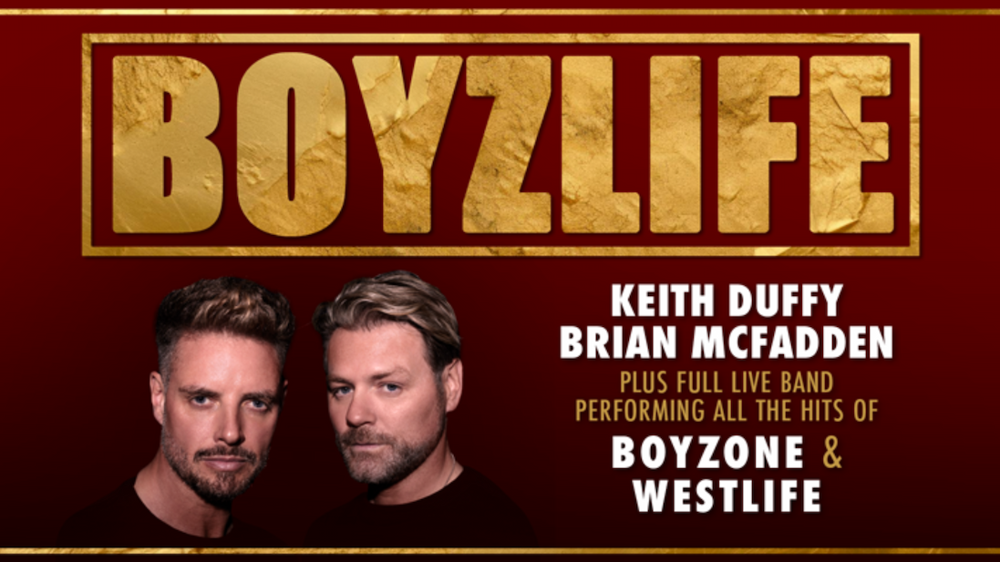 Boyzlife promotional poster featuring portraits of Keith Duffy and Brian McFadden on a red and gold background, advertising a live band performance of Boyzone and Westlife hits.
