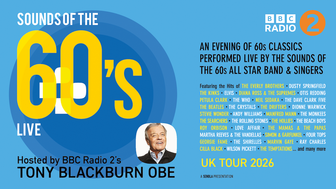 Promotional poster for Sounds of the 60s Live UK Tour 2026, featuring BBC Radio 2 branding, Tony Blackburn OBE, and classic 1960s artists.