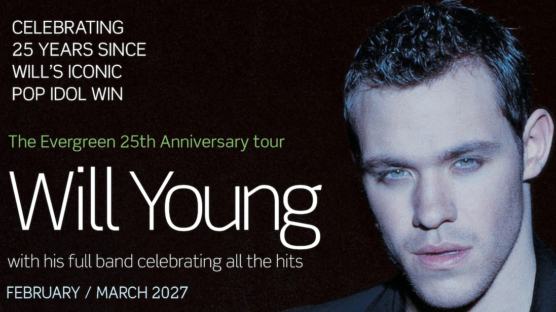 Promotional poster for Will Young's Evergreen 25th Anniversary Tour, celebrating 25 years since a landmark pop idol win.