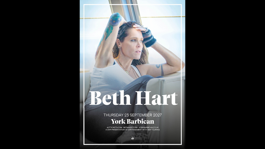 Poster promoting Beth Hart at York Barbican on 23 September 2027, featuring a seated portrait and tour details.