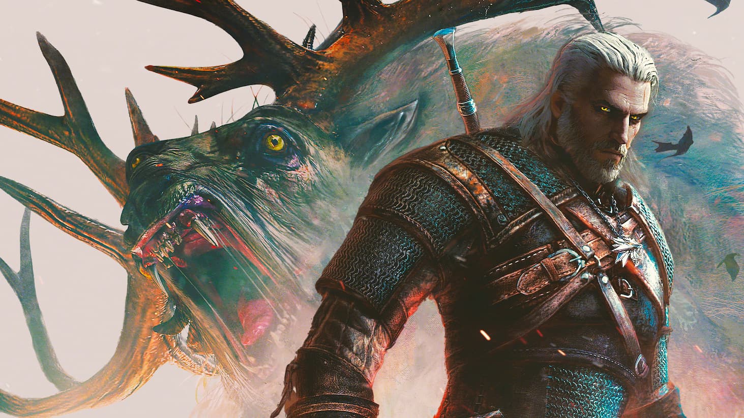 Fantasy artwork featuring an armoured white-haired warrior standing before a roaring antlered beast, with dramatic lighting and a sword strapped across the back.